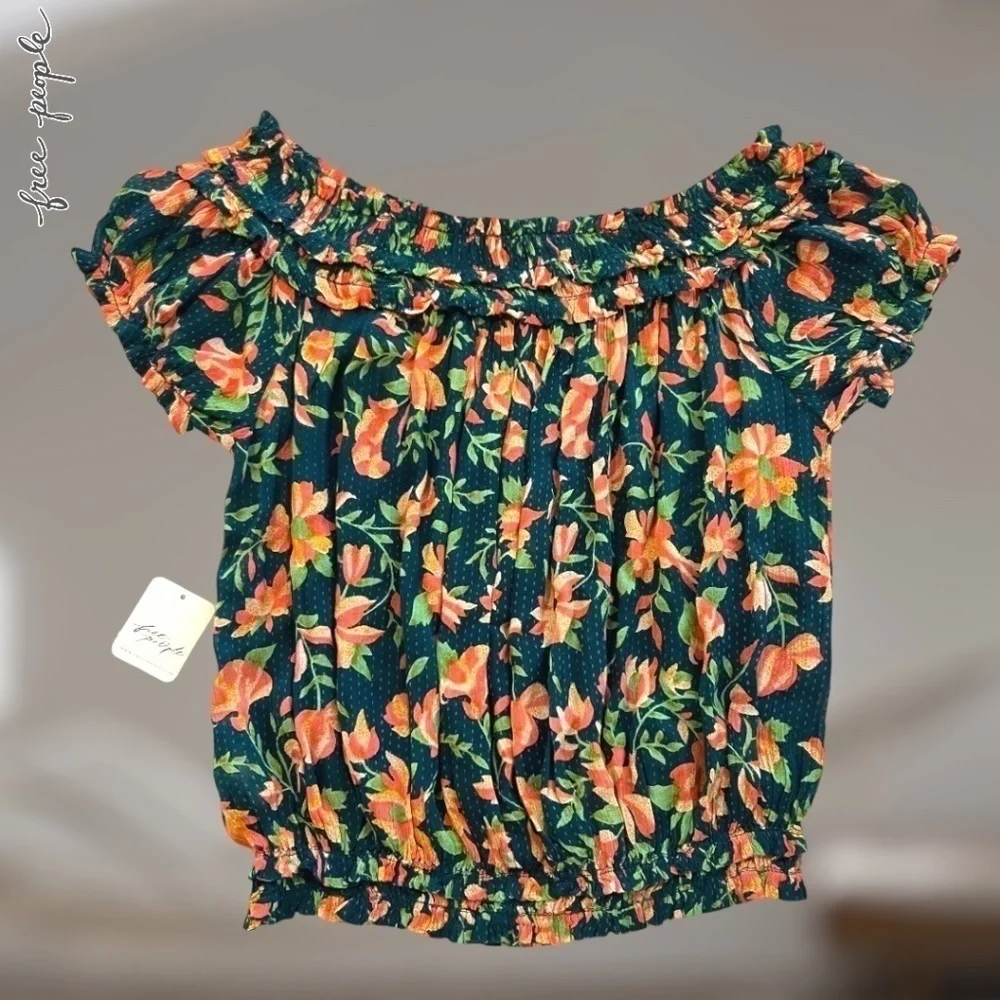 FREE PEOPLE Suki Floral Print Short-Puff-Sleeve Off-The-Shoulder Top MD NWT